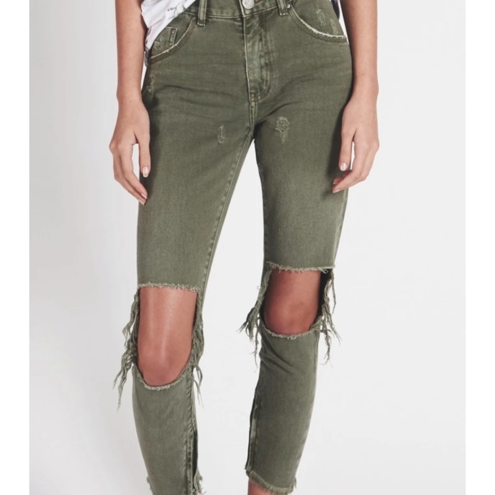 High waisted skinny jeans army green, distressed